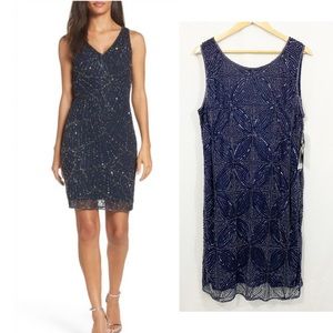 NEW Pisarro Nights Beaded Sequin Sleeveless Dress in Navy